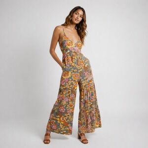 Millibon USA Floral Wide Leg Jumpsuit Boho Smocked Blue Pink 70s Festival Size M